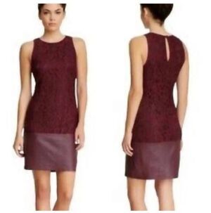 Trina Turk Amyas Women Burgundy Lace Dress Leather Trim Sleeveless, Size 12